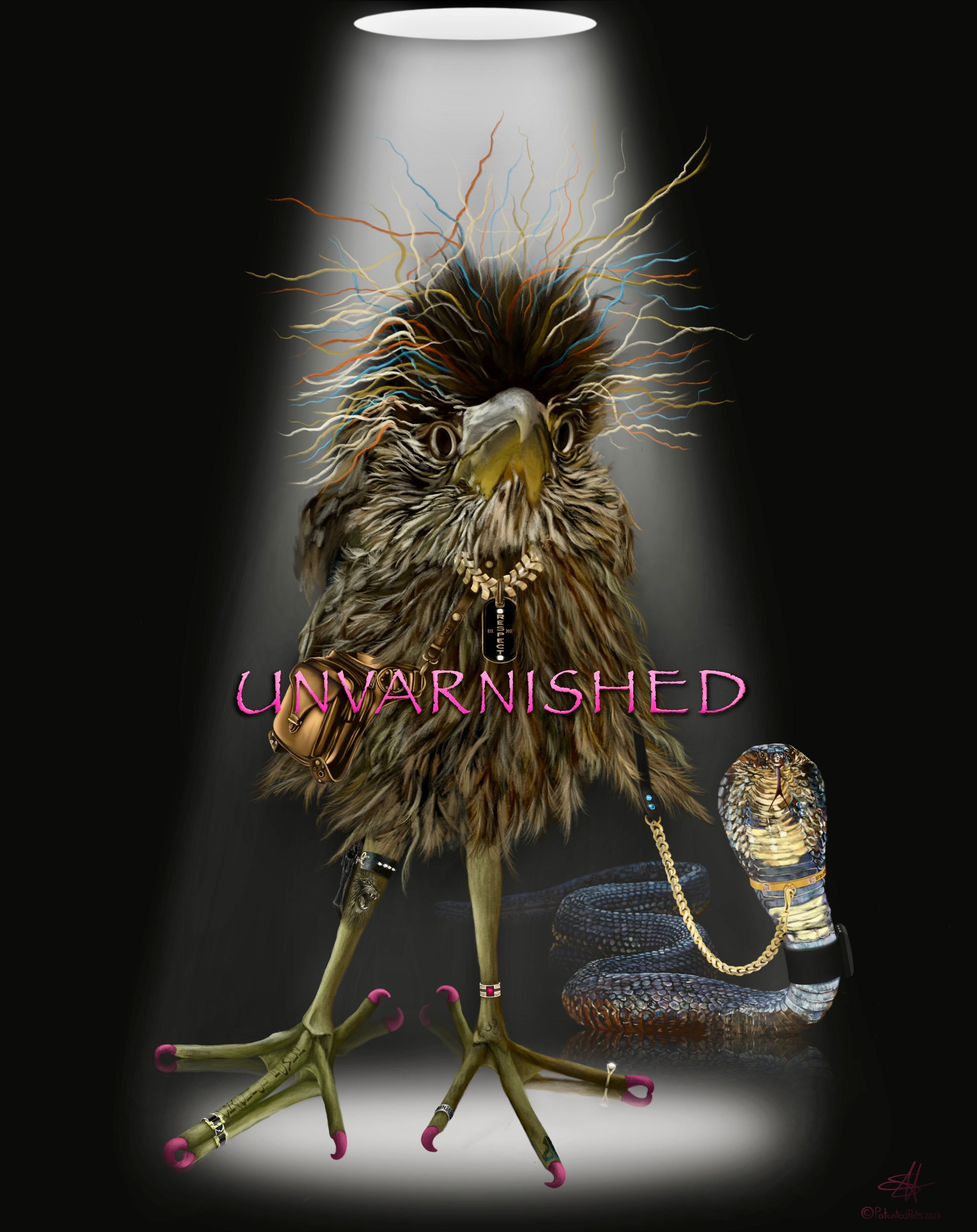 A hand-drawn digital illustration depicts a bird with vibrant squiggles atop its head, resembling colorful hair. Despite injuries, the bird clutches a gold leash attached to a cobra snake, adorned with a prisoner-like choker and monitoring device. The bird's legs boast tattoos, including a roaring lion, and a knife leg strap, while its brightly painted claws don compelling rings. Completing the ensemble, a leather shoulder bag spans the bird's body. The dimly lit stage with a single spotlight upon bird.